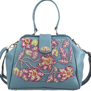 Blue Genuine Leather Floral Embroidery Embellishment Handbag